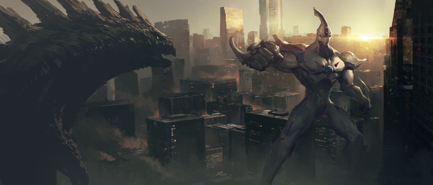 absurdres, building, chest_jewel, city, cityscape, dogoran_the_mad_flame_kaiju, duel_monster, elemental_hero_neos