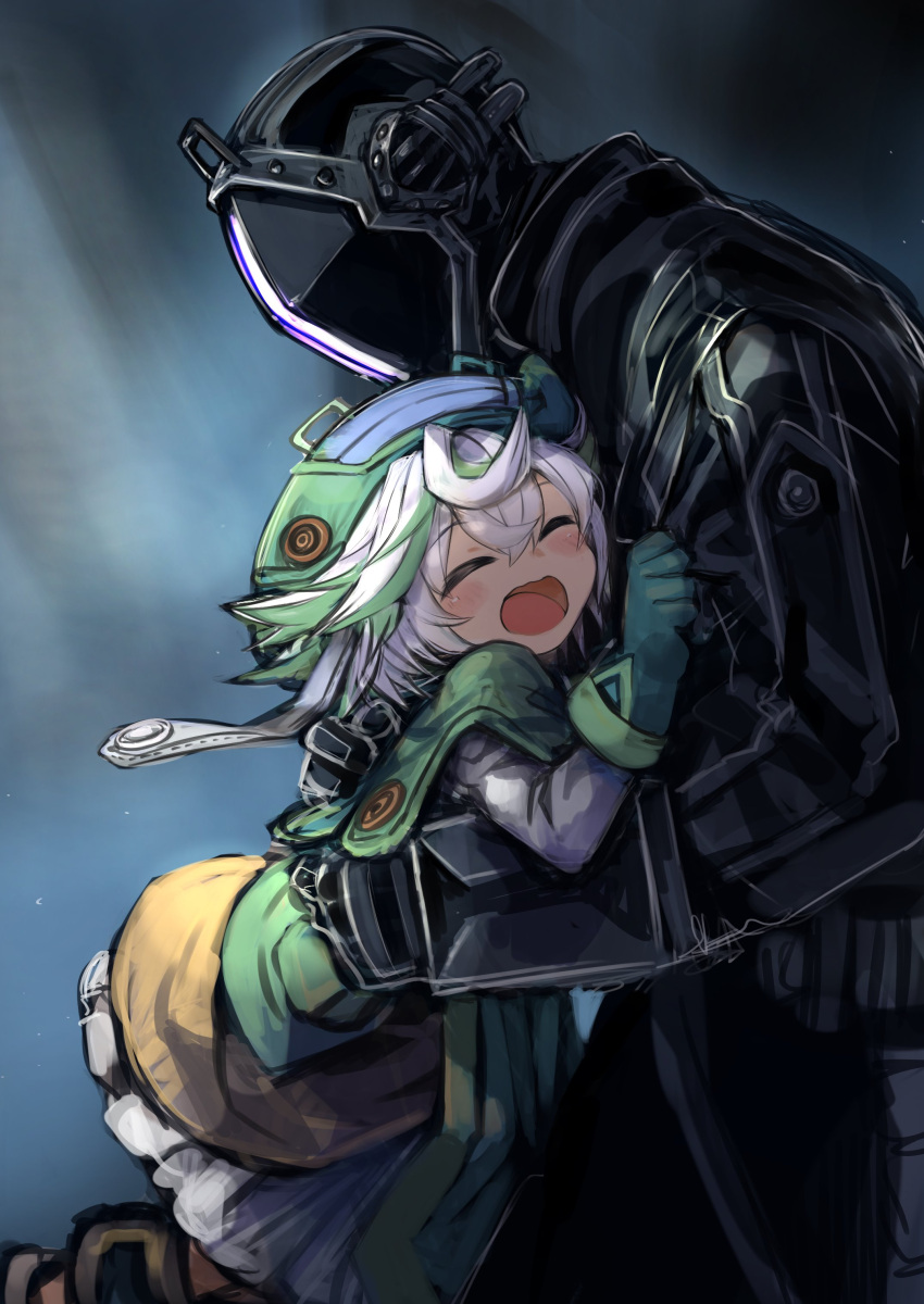 1boy, 1girl, :d, absurdres, black_coat, black_gloves, blush, bondrewd