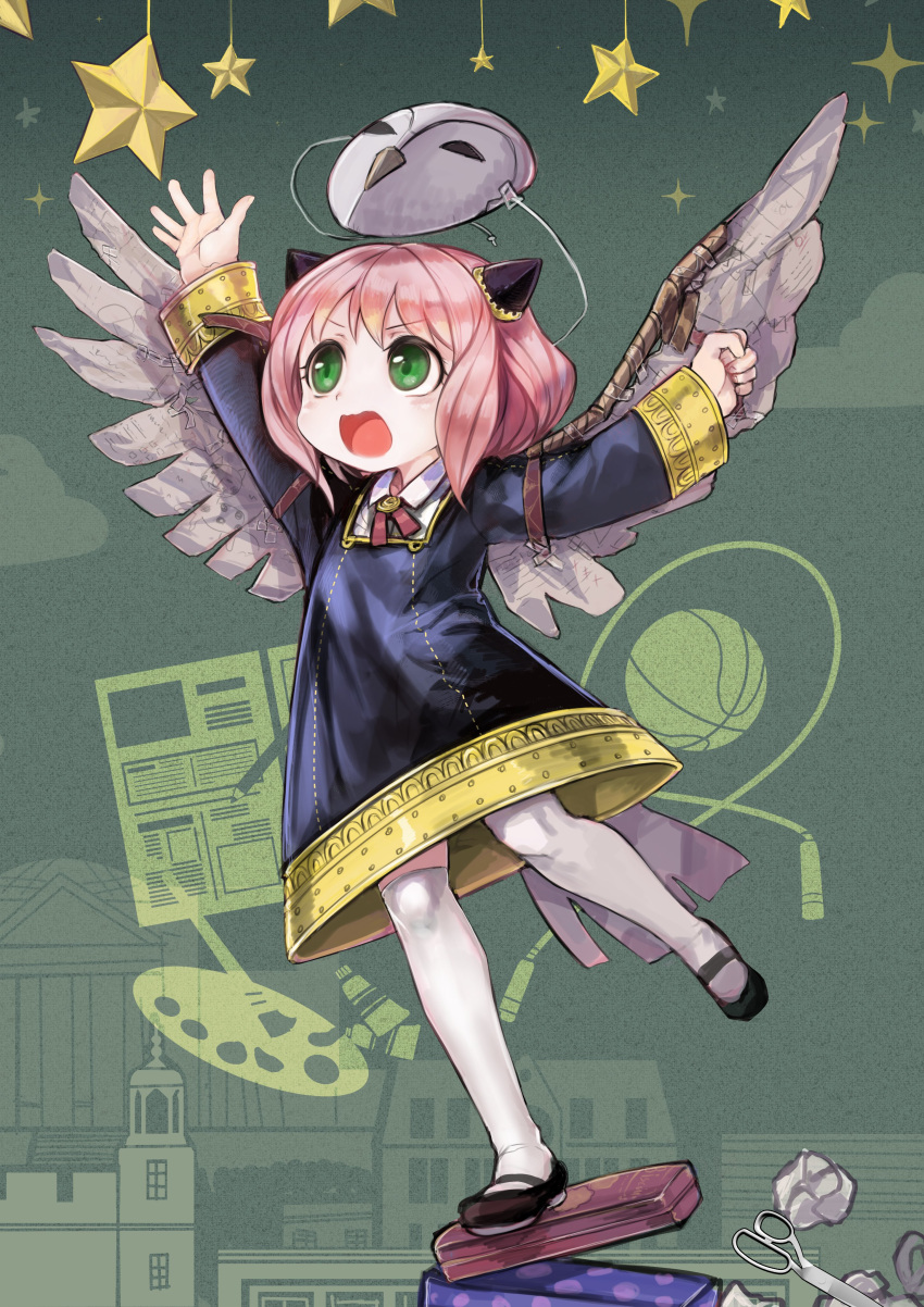 1girl, absurdres, anya_(spy_x_family), bird_mask, black_dress, black_footwear, child, dress, fake_wings, green_eyes, hair_cones, hair_ornament, hand_up, highres, komota_(kanyou_shoujo), long_sleeves, mary_janes, mask, mask_removed, open_mouth, shirt, shoes, solo, spy_x_family, thigh-highs, white_legwear, white_shirt, wings