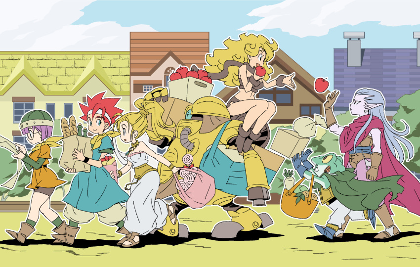 3girls, ayla_(chrono_trigger), belt, bike_shorts, blonde_hair, breasts, chrono_trigger, closed_mouth