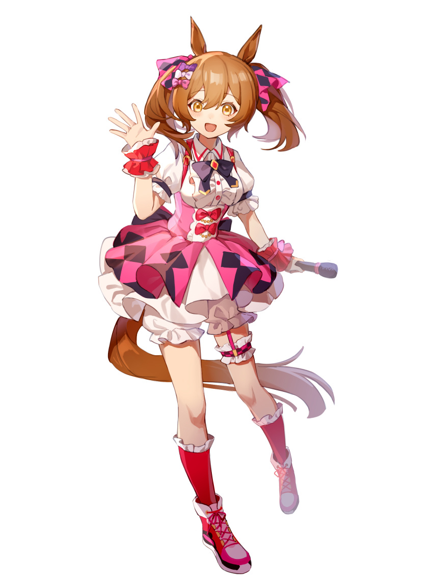 1girl, animal_ears, bangs, bloomers, bow, bowtie, brown_hair, center_frills, dress, frills, full_body, hair_bow, high_tops, highres, holding, holding_microphone, horse_ears, horse_girl, horse_tail, kneehighs, leg_garter, medium_hair, microphone, open_mouth, puffy_short_sleeves, puffy_sleeves, shoes, short_sleeves, simple_background, skirt, smart_falcon_(umamusume), smile, sneakers, solo, suspender_skirt, suspenders, tail, twintails, umamusume, underwear, waving, white_background, white_dress, wrist_cuffs, wufaxianshi_cnd, yellow_eyes