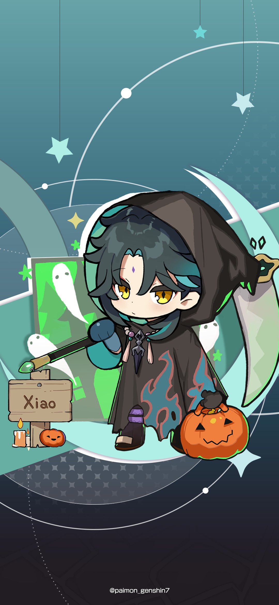 1boy, alternate_costume, black_robe, death_(entity), full_body, genshin_impact, green_hair, grim_reaper, halloween_bucket, highres, holding, holding_scythe, hood, hood_up, looking_at_viewer, official_art, paimon_genshin7, scythe, short_hair, xiao_(genshin_impact), yellow_eyes