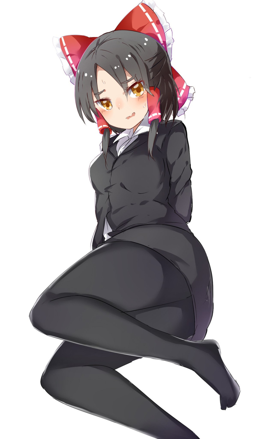 1girl, arms_behind_back, bangs, black_hair, black_jacket, black_legwear, black_skirt, blush