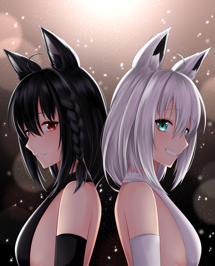 2girls, absurdres, ahoge, animal_ear_fluff, animal_ears, bangs, bare_shoulders, black_dress