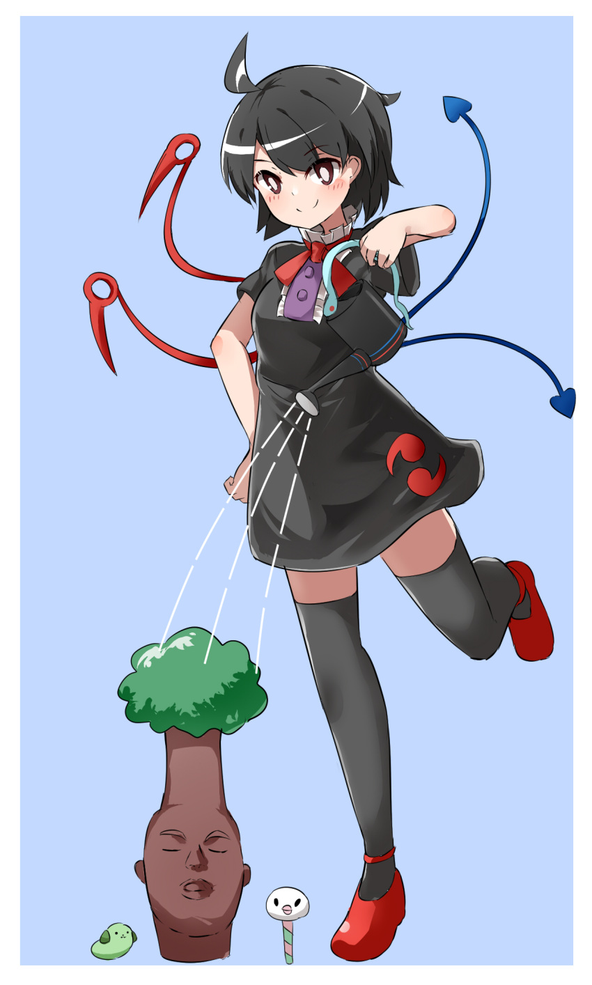 1boy, 1girl, ahoge, asymmetrical_wings, bangs, black_dress, black_hair, black_legwear