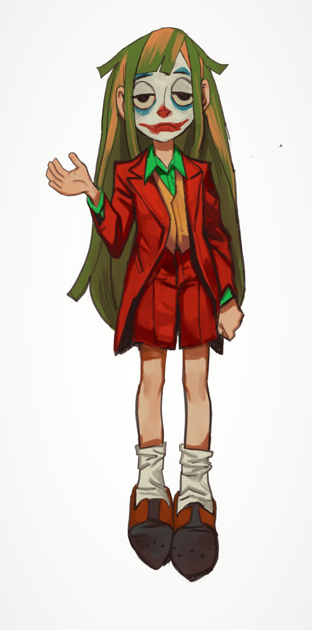 1girl, arthur_fleck, black_eyes, brown_vest, clown, facepaint, genderswap, genderswap_(mtf)