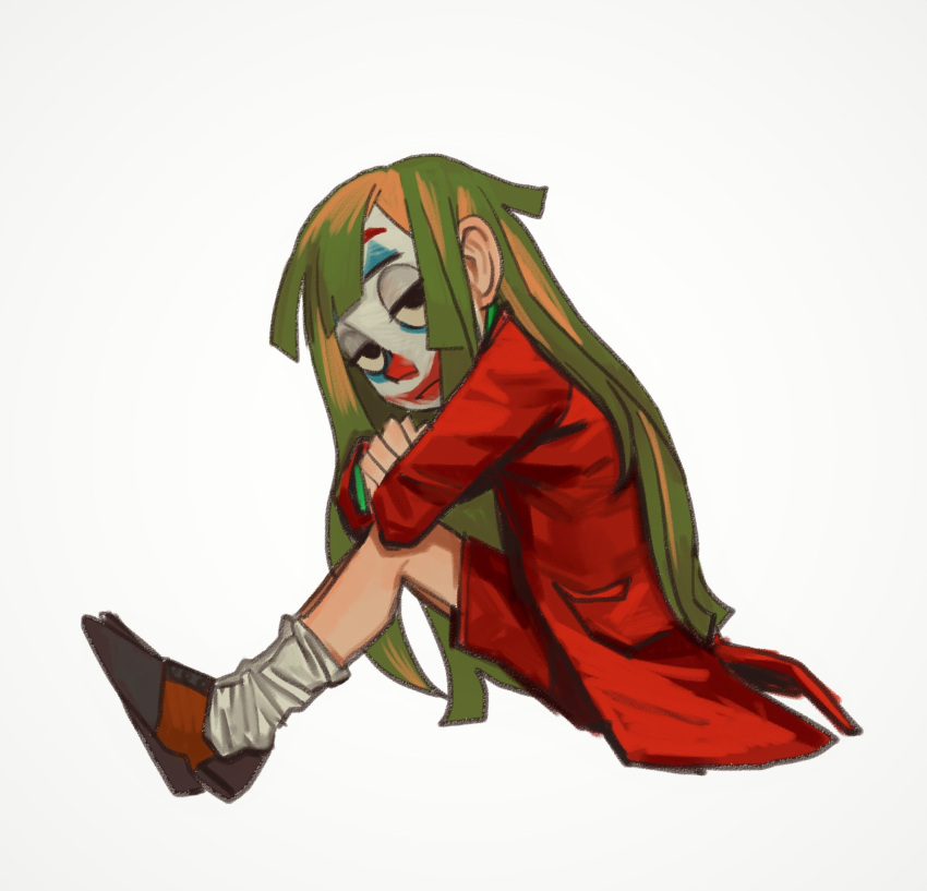 1girl, arthur_fleck, black_eyes, closed_mouth, clown, facepaint, from_side, genderswap