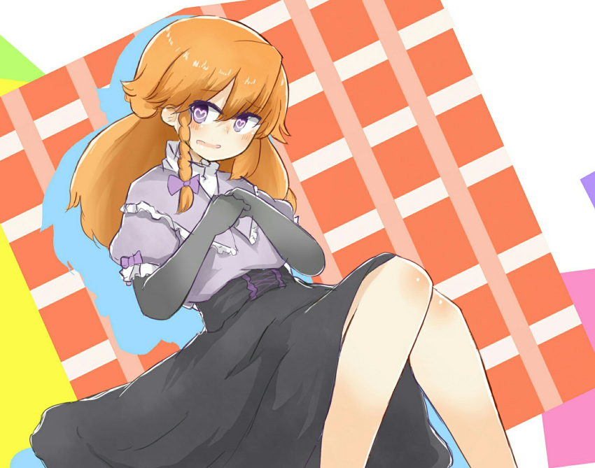 1girl, akane_(cookie), bangs, black_gloves, black_skirt, blush, bow, braid
