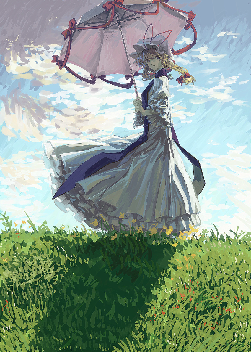 1girl, absurdres, blonde_hair, blue_tabard, bow, clouds, cloudy_sky, commentary