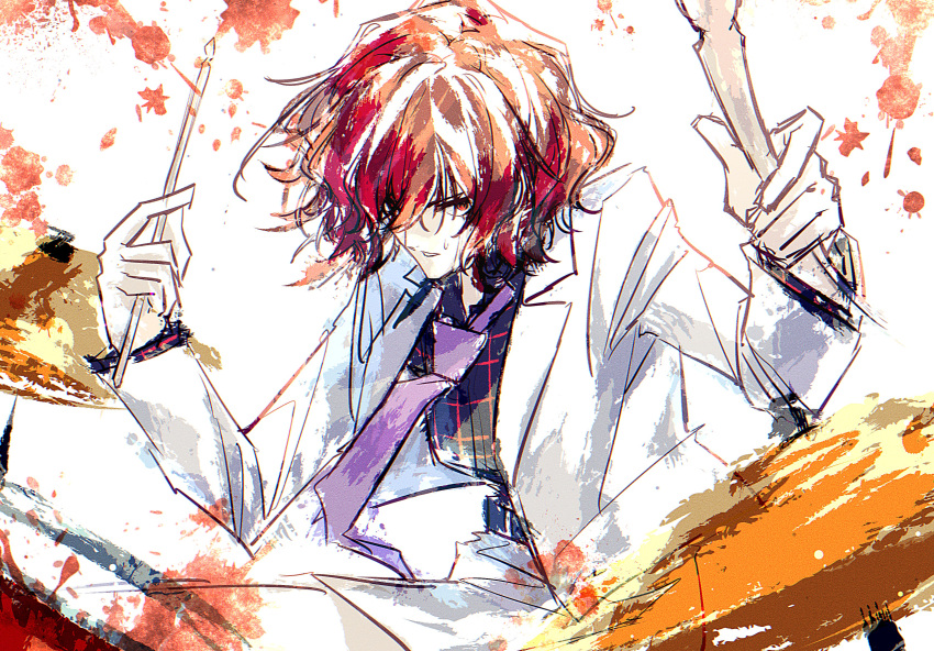1girl, absurdres, checkered_clothes, checkered_shirt, commentary, cymbals, drumsticks, highres, horikawa_raiko, instrument, jacket, long_sleeves, looking_at_viewer, necktie, open_mouth, pants, purple_necktie, red_eyes, redhead, shirt, short_hair, sideways_glance, solo, sweatdrop, togeppoi, touhou, white_jacket, white_pants