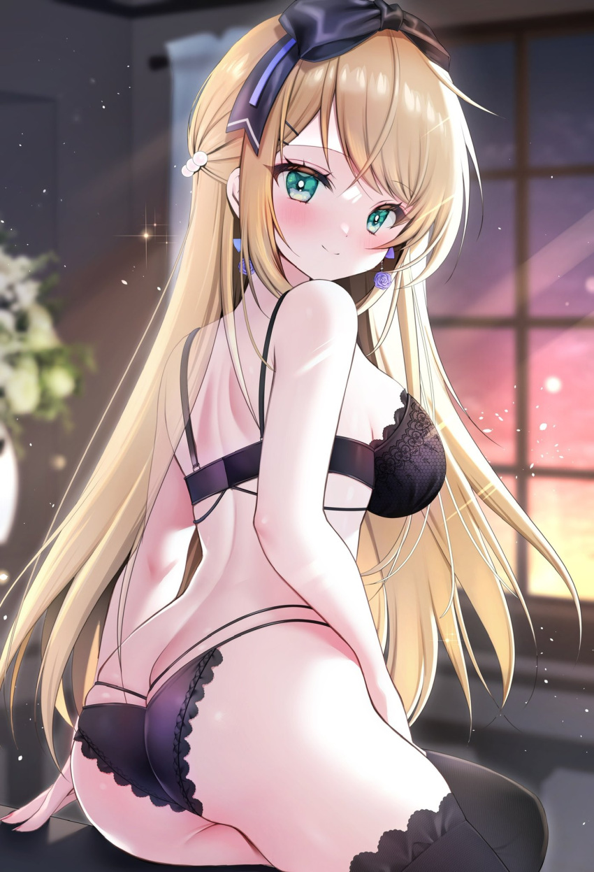 1girl, aqua_eyes, ass, back, bare_arms, bare_shoulders, black_bra, black_legwear