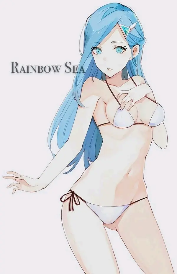 1girl, bikini, blue_eyes, blue_hair, diya_(xing_you_ji), hair_ornament, hairpin, hand_on_own_chest, long_hair, looking_to_the_side, navel, solo, string_bikini, swimsuit, white_bikini, xiao_sheng_jiushi_guai, xing_you_ji