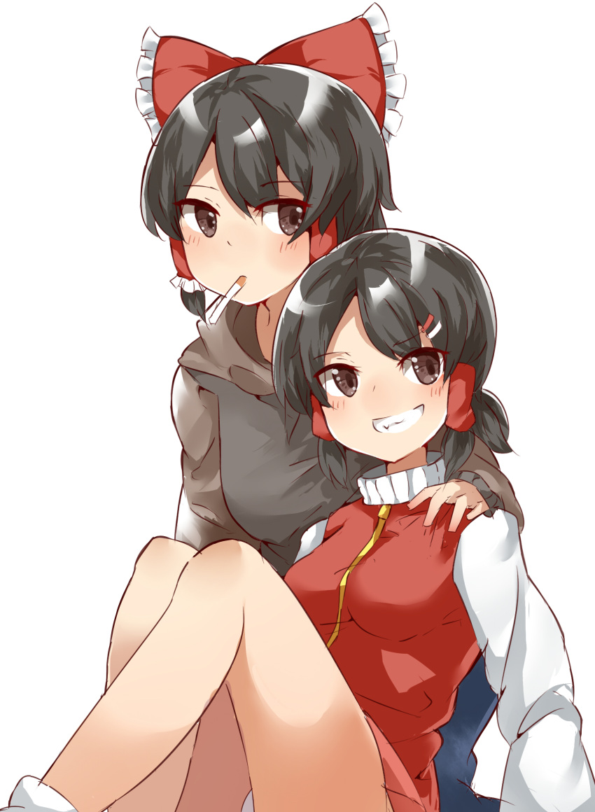 2girls, bangs, black_hair, blush, bow, brown_eyes, cigarette, cili_(cookie)