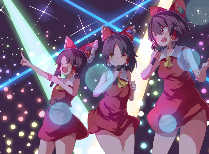3girls, :d, ascot, bangs, benikurage_(cookie), black_hair, blush, bow