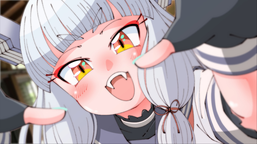 1girl, black_gloves, black_skirt, dress, fangs, fingerless_gloves, floating_headgear, gloves, hair_ribbon, headgear, kantai_collection, murakumo_(kancolle), open_mouth, orange_eyes, red_ribbon, ribbon, sailor_dress, shin_(shin_k009), short_sleeves, sidelocks, silver_hair, skirt, teeth, thick_eyebrows, tress_ribbon, upper_teeth, white_dress
