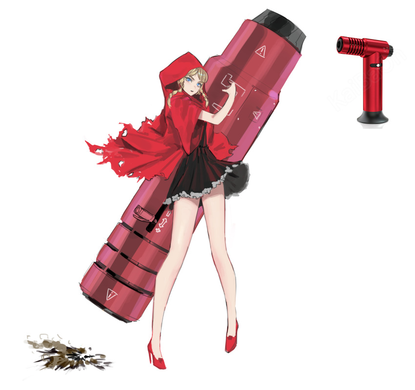 1girl, absurdres, adapted_weapon, black_dress, blonde_hair, blowtorch, blue_eyes, braid