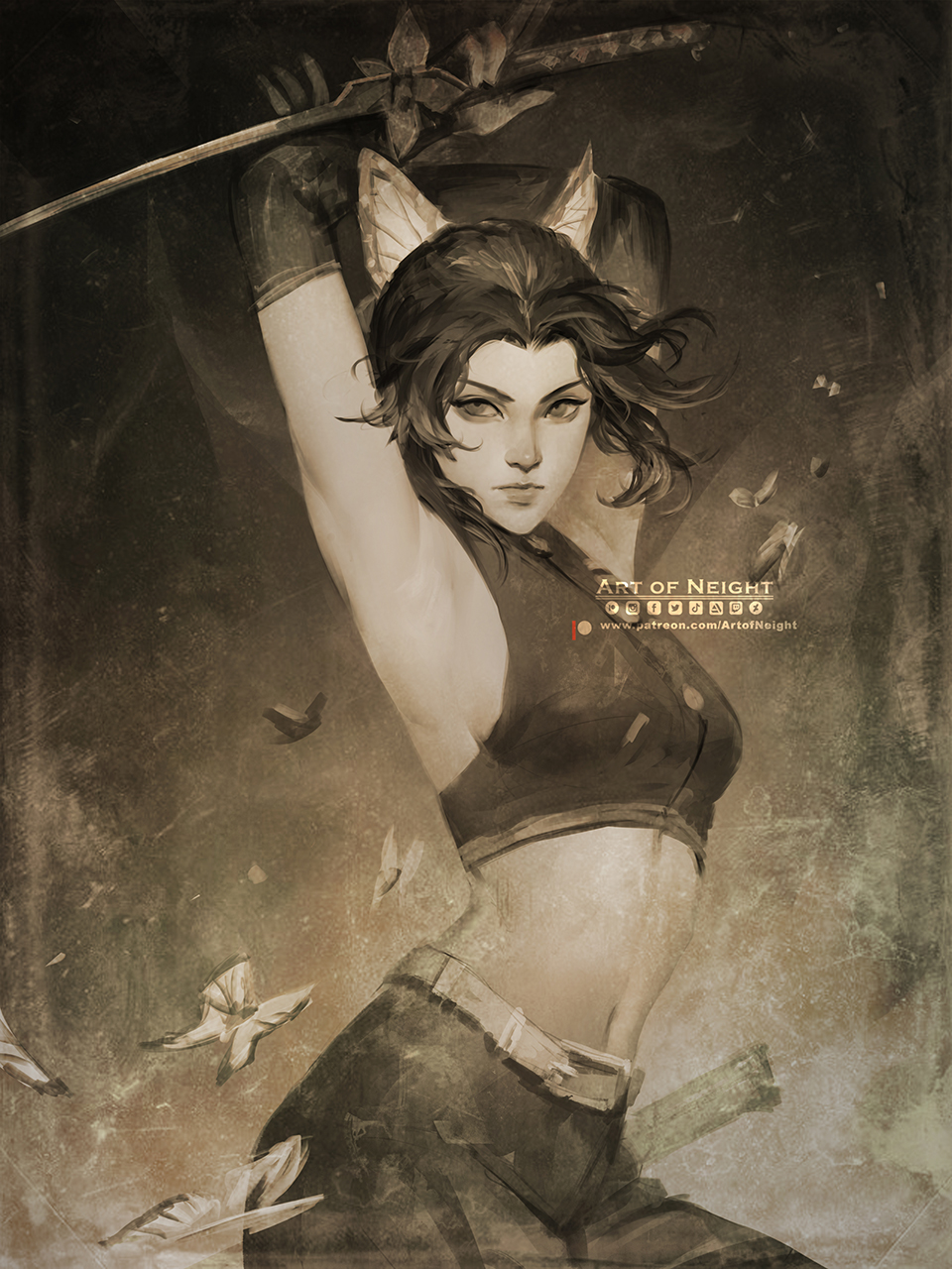 1girl, adapted_costume, armpits, arms_up, artist_name, belt, breasts, brown_theme