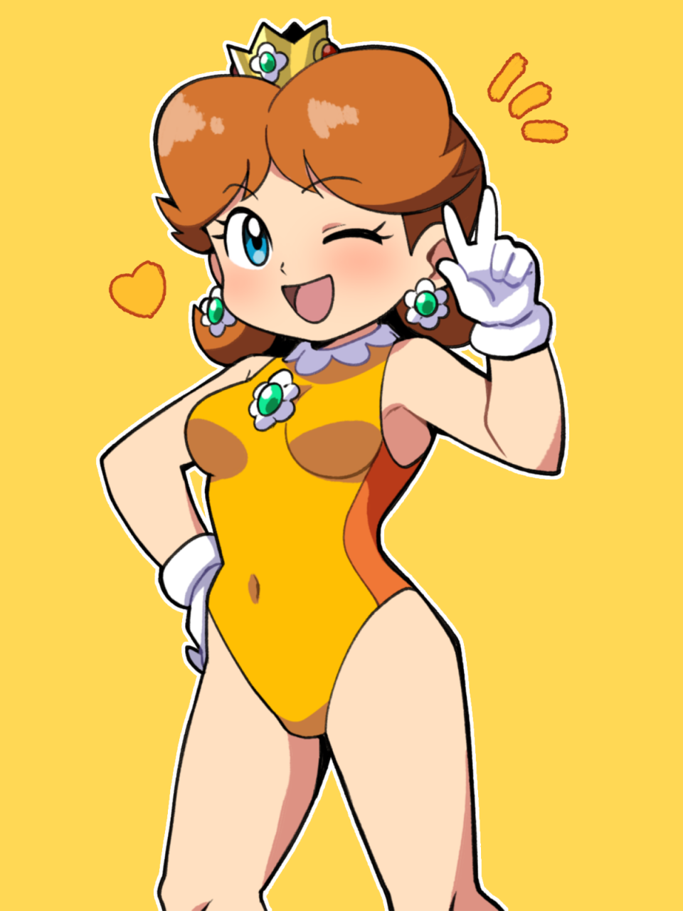 1girl, ;d, blue_eyes, breasts, brown_hair, covered_navel, cowboy_shot, crown