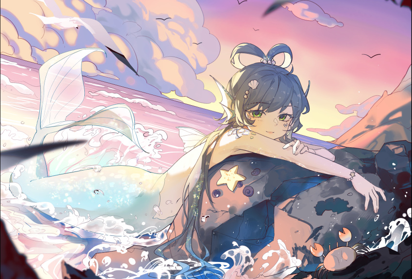 1girl, absurdres, armpits, back_fin, bangs, bird, black_hair, blurry