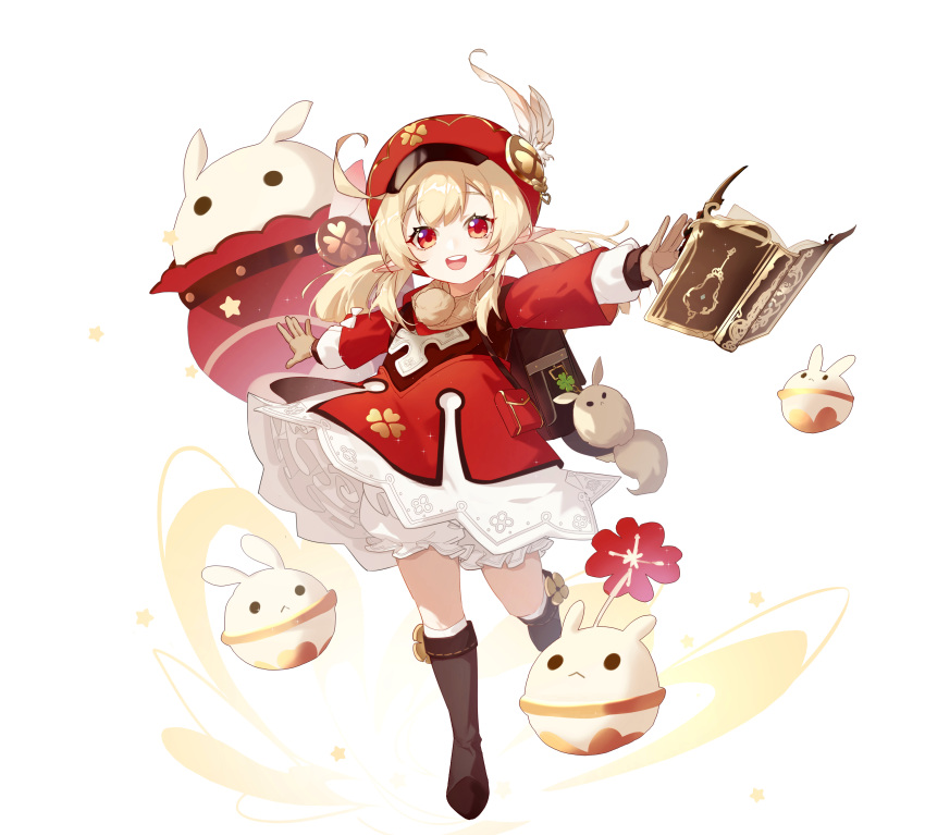 1girl, :d, absurdres, ahoge, backpack, bag, bag_charm, bangs, bloomers, book, boots, brown_footwear, brown_gloves, brown_scarf, cabbie_hat, charm_(object), clover_print, coat, commentary_request, dodoco_(genshin_impact), eyebrows_visible_through_hair, floating, floating_book, floating_object, full_body, genshin_impact, gloves, hair_between_eyes, hat, hat_feather, hat_ornament, highres, hooded_coat, jumpy_dumpty, klee_(genshin_impact), knee_boots, kneehighs, light_brown_hair, long_hair, long_sleeves, looking_at_viewer, low_twintails, orange_eyes, outstretched_arms, pocket, pointy_ears, randoseru, red_coat, red_headwear, scarf, sidelocks, simple_background, smile, solo, spread_arms, standing, standing_on_one_leg, twintails, underwear, white_background, yun_(ljw893053278)