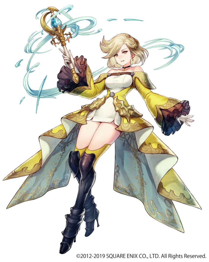 2012, 2019, arm_at_side, armored_boots, bangs, black_choker, black_footwear, blonde_hair