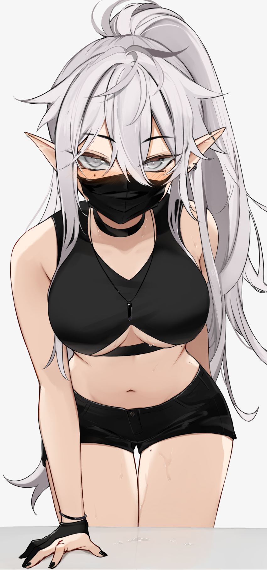 1girl, absurdres, arm_behind_back, arm_support, bangs, black_choker, black_shirt, black_shorts