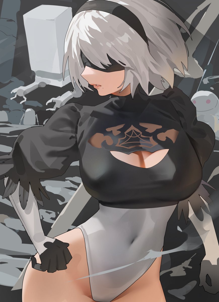 1girl, black_blindfold, black_hairband, blindfold, breasts, cleavage_cutout, clothing_cutout, covered_eyes