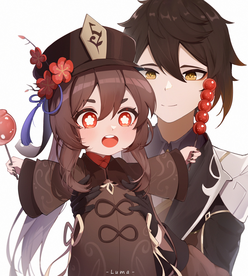 1boy, 1girl, absurdres, black_headwear, black_nails, brown_hair, candy_apple, child