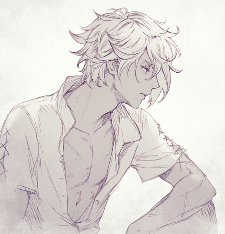 1boy, commentary_request, grey_background, lace-up_sleeves, male_focus, octopath_traveler, partially_unbuttoned, satou_kivi