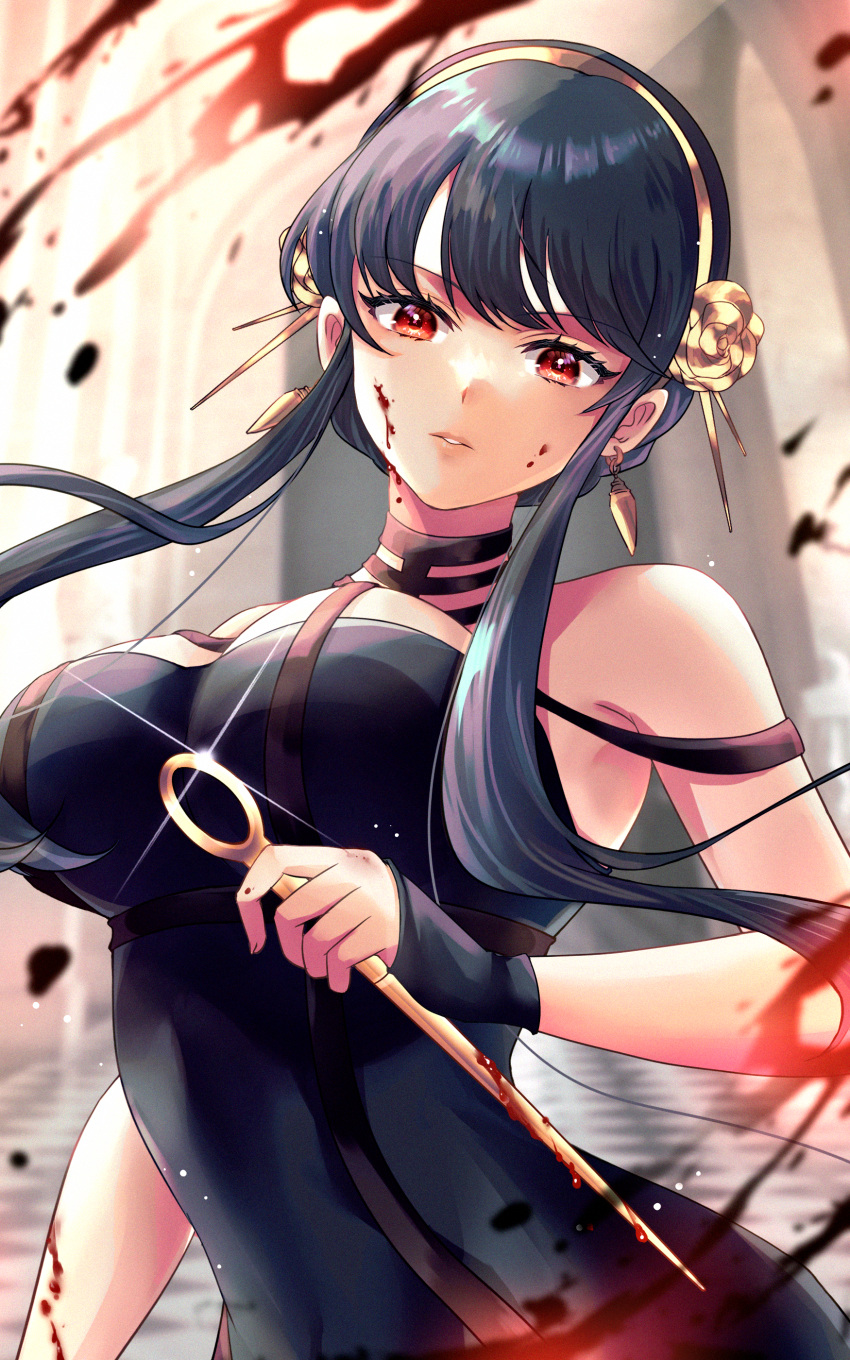 1girl, absurdres, bare_shoulders, black_dress, blood, blood_on_face, breasts, dagger, dress, earrings, flower, hair_flower, hair_ornament, hairband, highres, holding, holding_weapon, jewelry, knife, kudoukudokudo, large_breasts, parted_lips, sidelocks, sleeveless, sleeveless_dress, spy_x_family, upper_body, weapon, yor_briar