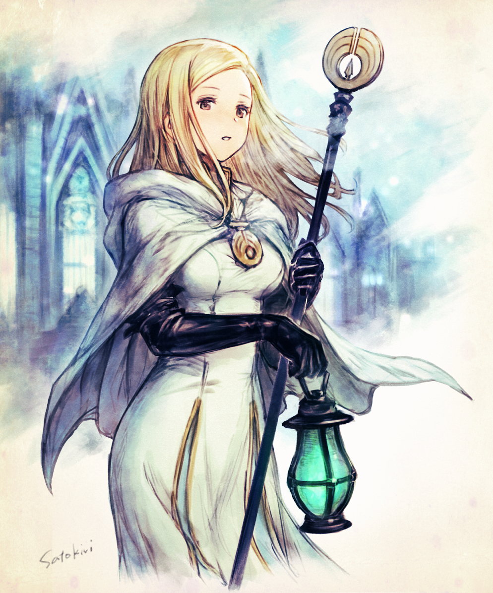 1girl, artist_name, black_gloves, blonde_hair, breasts, brooch, brown_eyes, cape