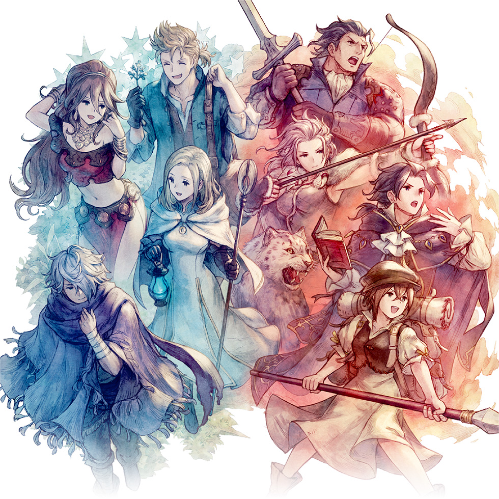 4boys, 4girls, alfyn_(octopath_traveler), animal, ascot, bandaged_arm, bandages, blonde_hair, book, bow_(weapon), breasts, brooch, brown_hair, cape, closed_eyes, closed_mouth, crop_top, cyrus_(octopath_traveler), dancer, dark_blue_hair, drawing_bow, dress, everyone, fur-trimmed_cape, fur_trim, h'aanit_(octopath_traveler), holding, holding_book, holding_bow_(weapon), holding_lamp, holding_staff, holding_sword, holding_weapon, jewelry, leopard, linde_(octopath_traveler), long_hair, long_sleeves, medium_breasts, multiple_boys, multiple_girls, octopath_traveler, off-shoulder_shirt, off_shoulder, official_art, olberic_eisenberg, open_mouth, ophilia_(octopath_traveler), poncho, ponytail, primrose_azelhart, ribbon, satou_kivi, scarf, shirt, short_hair, short_sleeves, smile, snow_leopard, staff, sword, therion_(octopath_traveler), tressa_(octopath_traveler), weapon, white_ascot, white_dress, white_hair, wrist_ribbon
