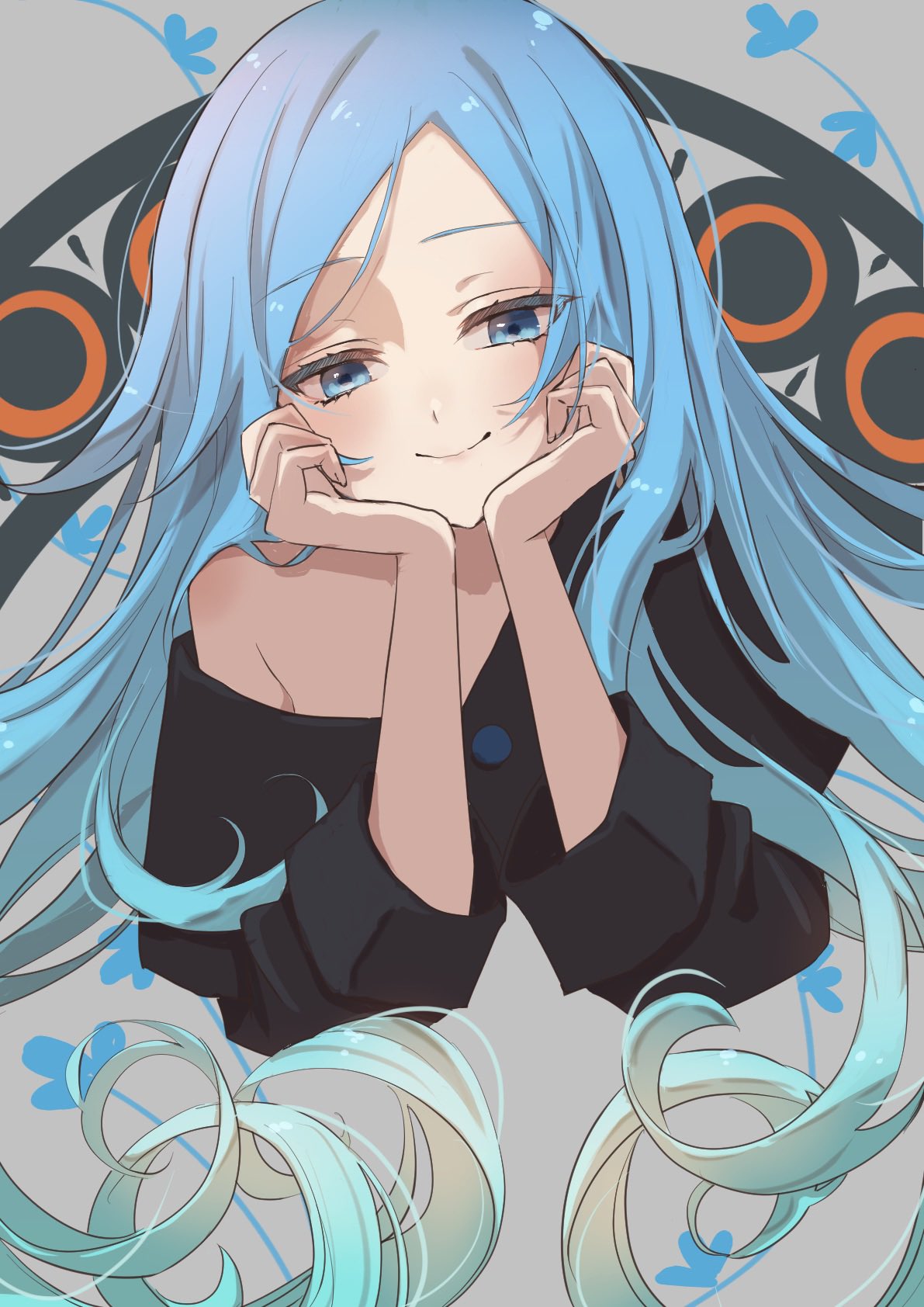 1girl, black_shirt, blue_eyes, blue_hair, eyebrows_visible_through_hair, hands_on_own_cheeks, hands_on_own_chin, hands_on_own_face, head_rest, highres, kunagisa_tomo, long_hair, long_sleeves, looking_at_viewer, off_shoulder, shirt, smile, solo, tomoshibi_(rokugatsu), zaregoto_series