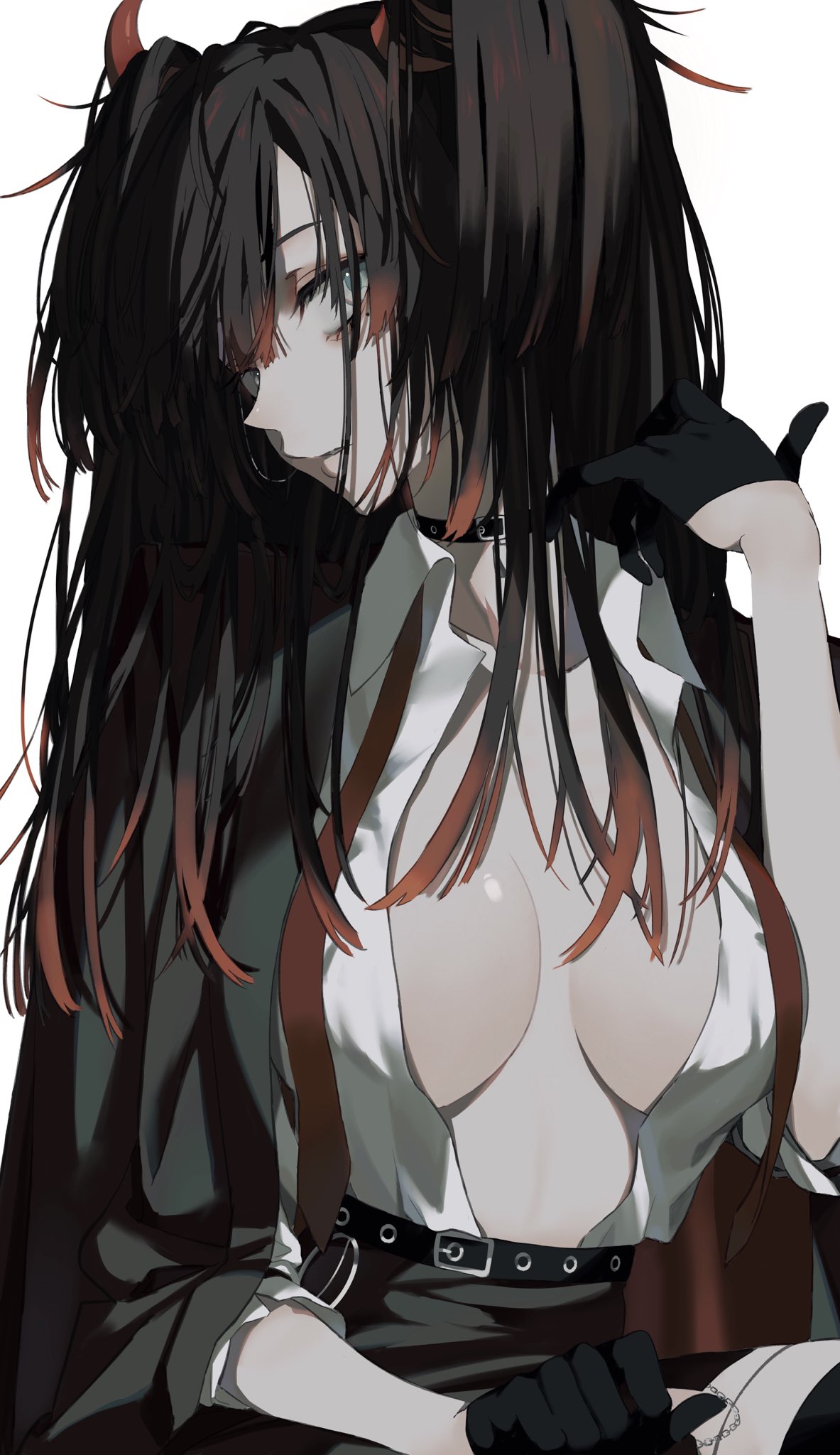 1girl, bangs, belt, black_choker, black_gloves, black_hair, breasts, breasts_apart