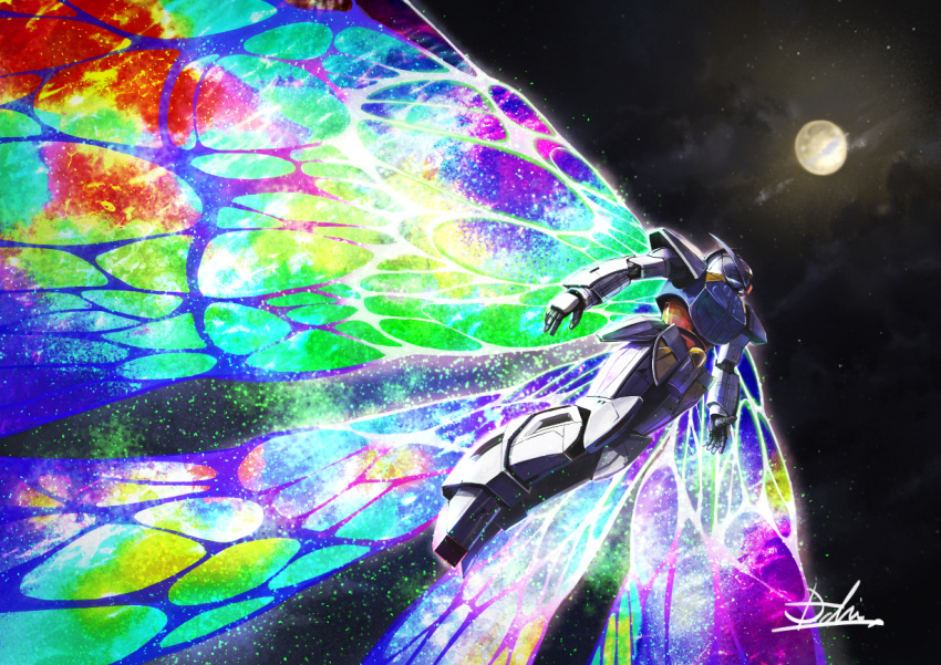 flying, gundam, hukutuuprunes, looking_up, mecha, mobile_suit, moon, moonlight_butterfly