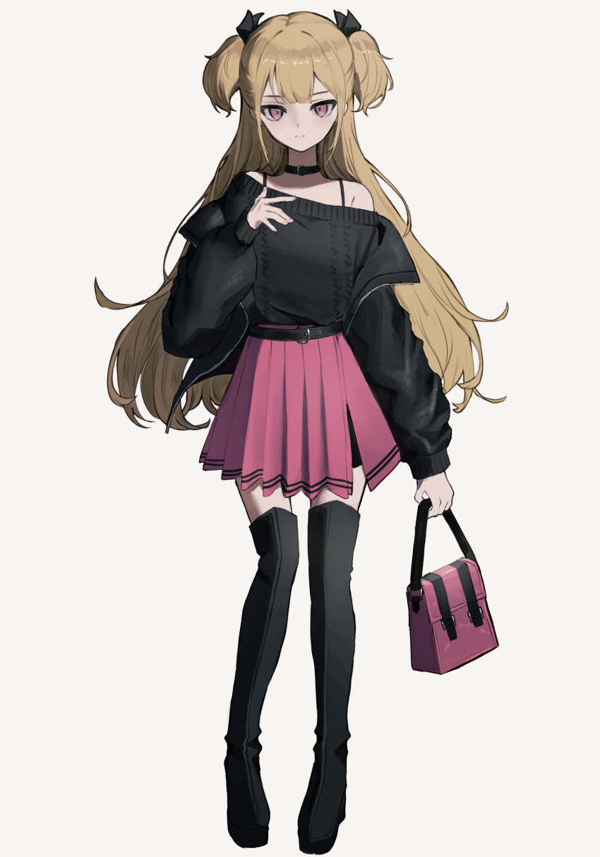 1girl, absurdres, bag, belt, black_belt, black_choker, black_footwear, black_sweater