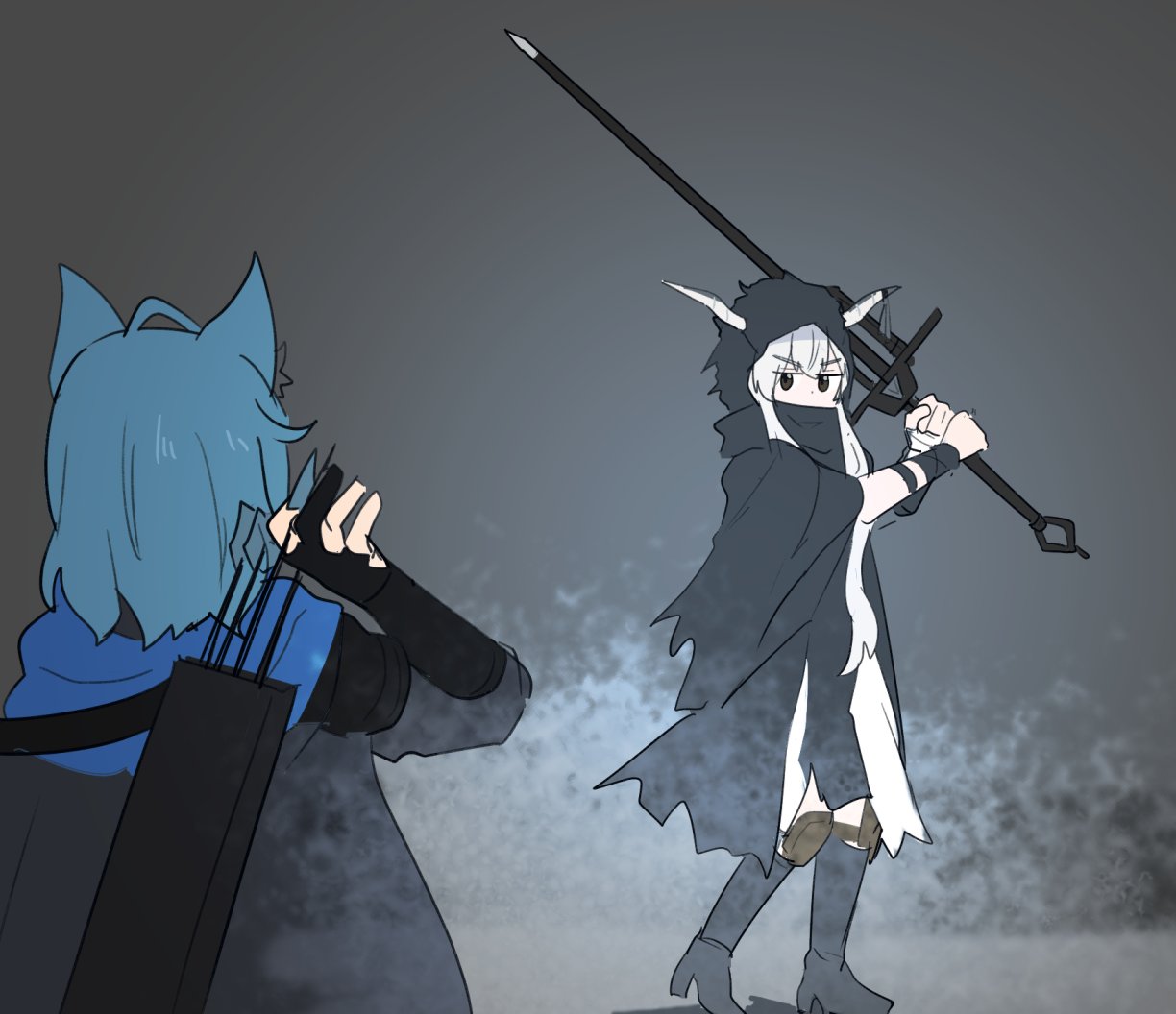 2girls, ahoge, animal_ears, arknights, arrow_(projectile), baseball, black_footwear, black_robe