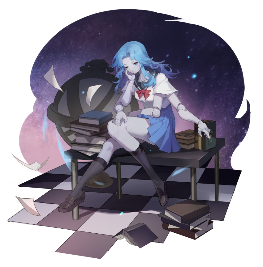 1girl, absurdres, bangs, blue_eyes, blue_hair, blue_skin, book, colored_skin