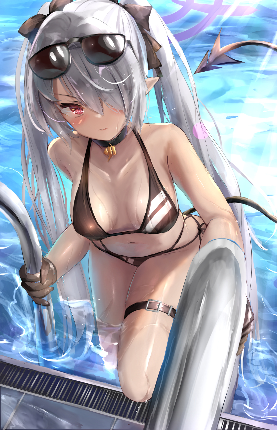 1girl, bangs, bare_arms, bare_shoulders, bikini, black-framed_eyewear, black_bikini, black_bow