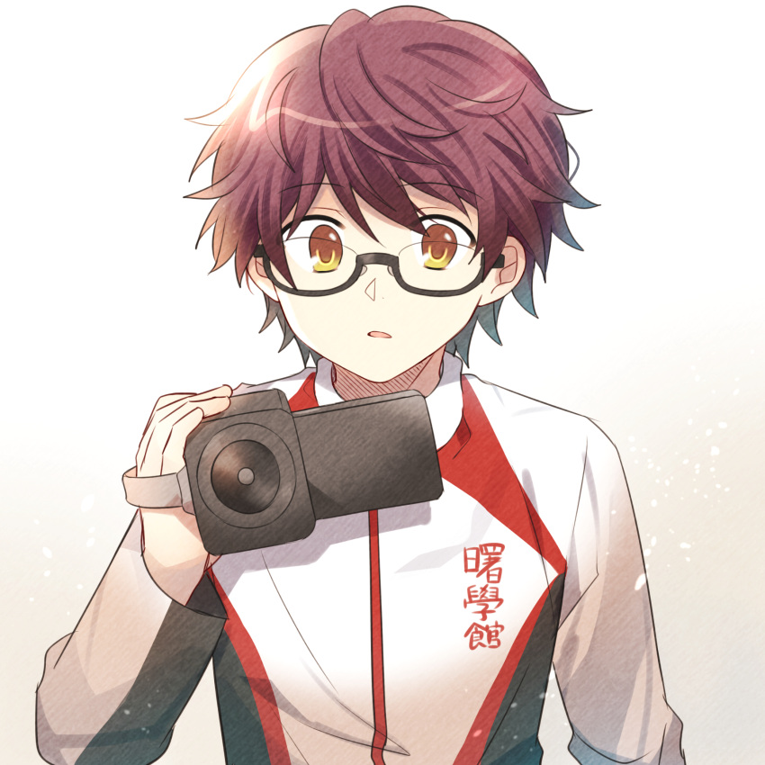 1boy, brown_eyes, brown_hair, camera, filming, glasses, highres, holding