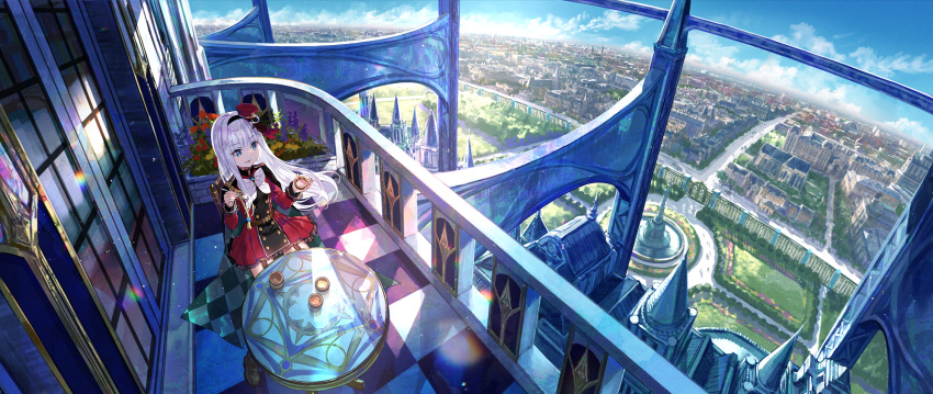 1girl, blue_eyes, bow, bowtie, building, buttons, checkered_floor, city