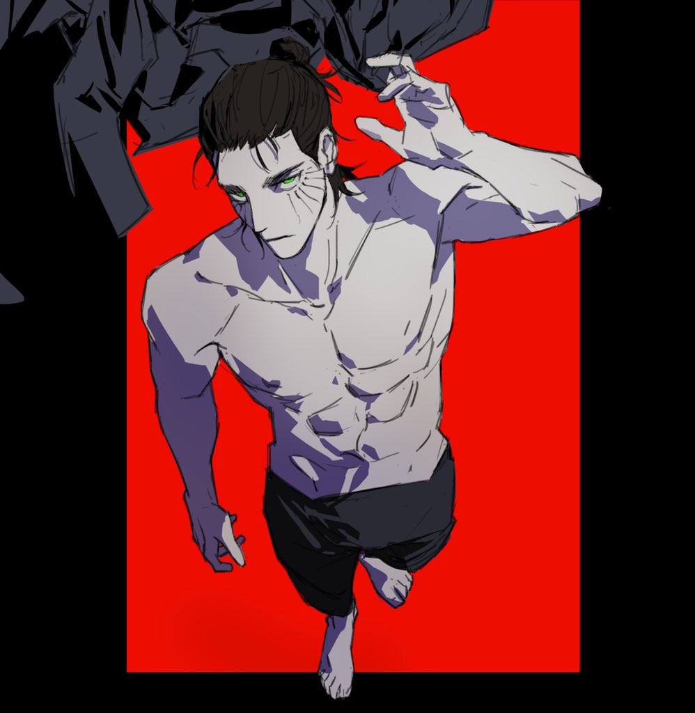 11114tai, 1boy, abs, black_border, black_hair, black_legwear, border, collarbone