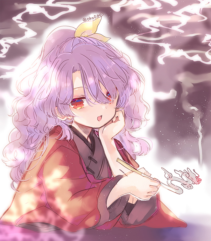 1girl, :d, biyon, hair_over_one_eye, hand_on_own_cheek, hand_on_own_face, holding, holding_pipe