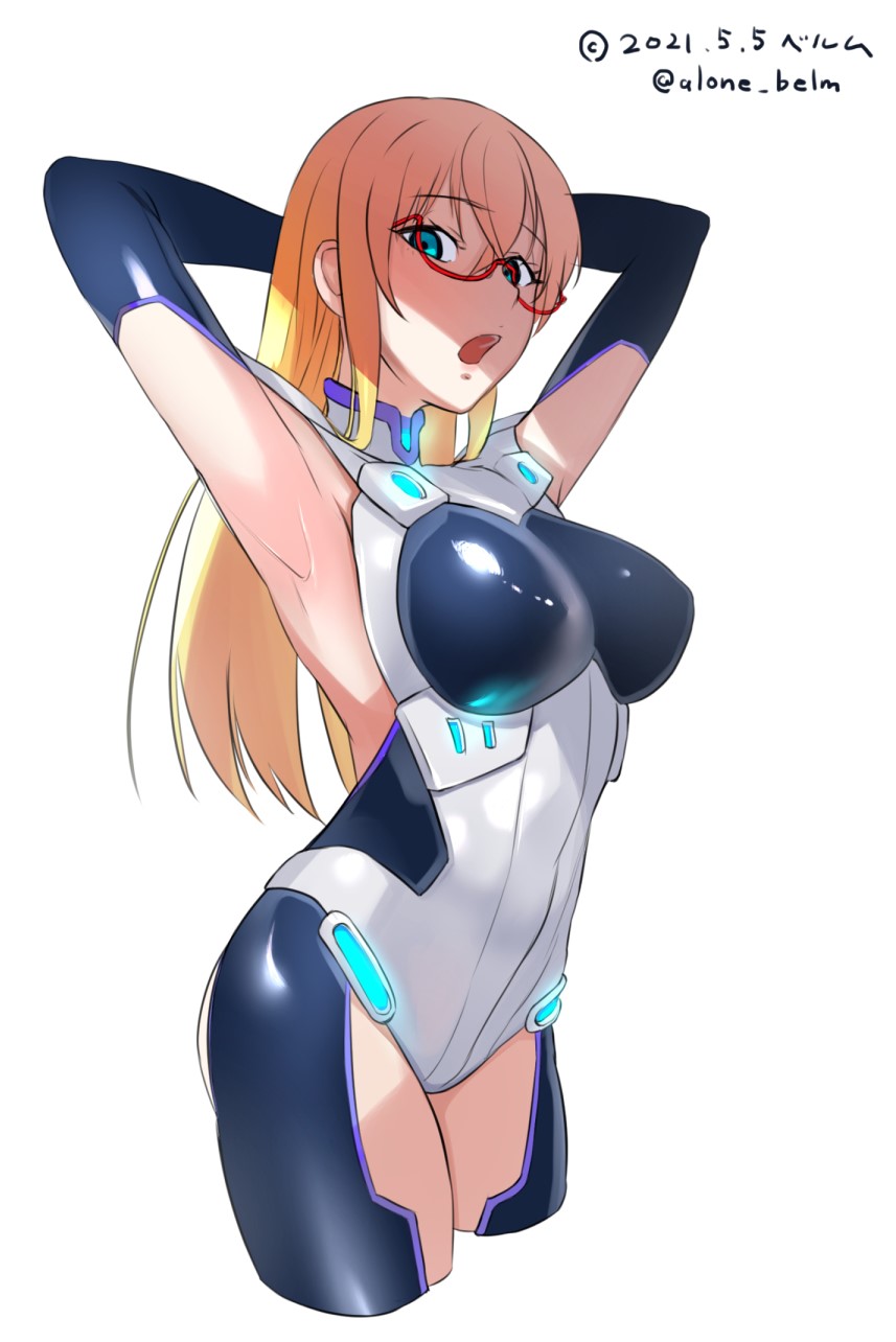 1girl, alone_belm, aqua_eyes, armpits, arms_behind_head, artist_name, bangs, blonde_hair