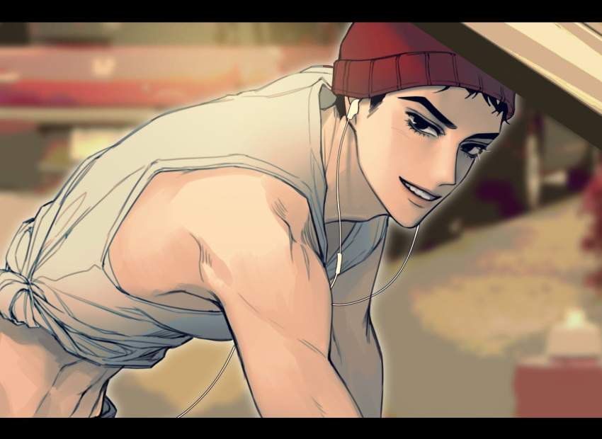 1boy, beanie, black_eyes, black_hair, earphones, earphones, guido_mista, hat, highres, jojo_no_kimyou_na_bouken, leaning_forward, male_focus, midriff, ranch_jjba, side-tie_shirt, solo, tank_top, vento_aureo