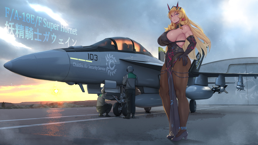 1girl, 2boys, abubu, aircraft, airplane, bangs, bare_shoulders, black_dress