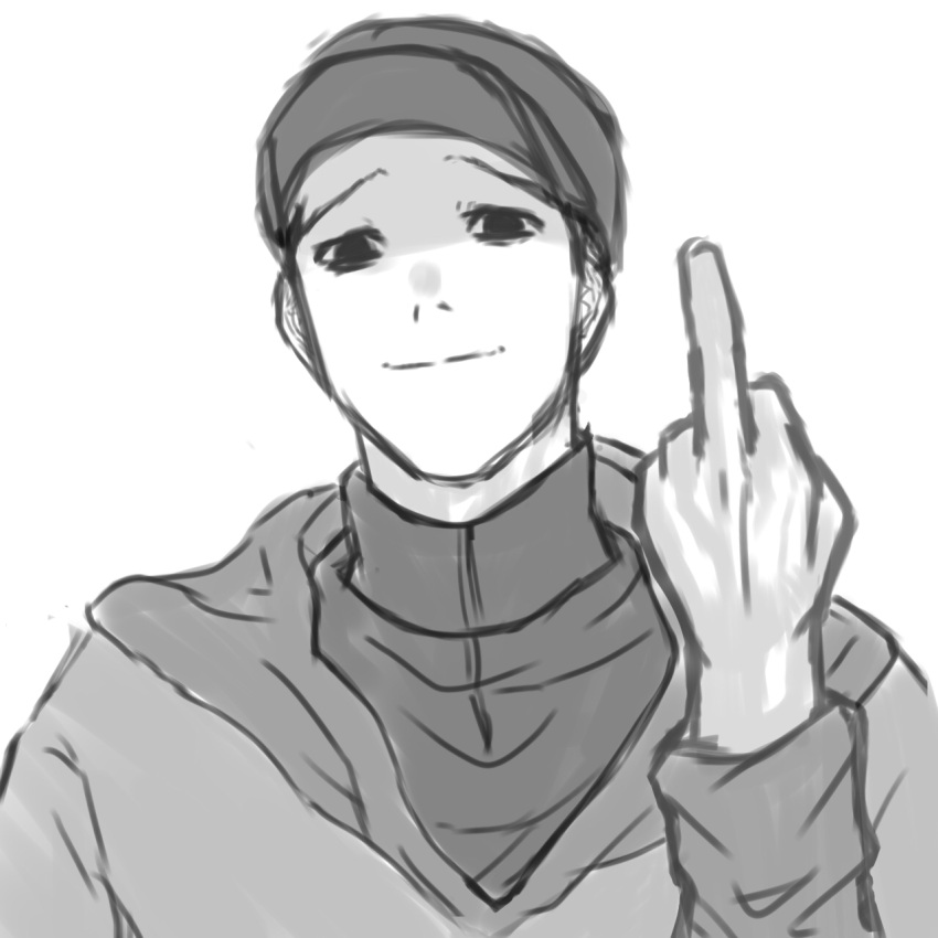baseball_cap, empty_eyes, greyscale, hat, highres, inimu1230, killing_stalking, looking_at_viewer