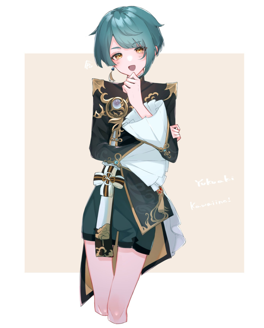 1boy, asymmetrical_hair, blue_hair, blue_shorts, chinese_clothes, earrings, frilled_sleeves, frills