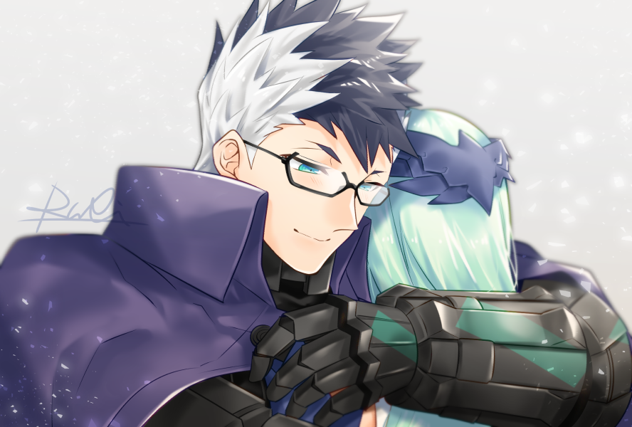 1boy, 1girl, black-framed_eyewear, black_gloves, black_hair, blue_eyes, brynhildr_(fate), cape