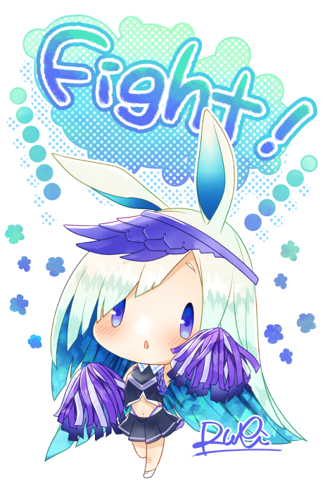 1girl, animal_ears, black_shirt, black_skirt, blue_hair, blush, brynhildr_(cheer_for_master)_(fate), brynhildr_(fate), cheerleader, chestnut_mouth, chibi, crop_top, english_text, fate/grand_order, fate_(series), holding, holding_pom_poms, lapis429, long_hair, multicolored_hair, navel, pleated_skirt, pom_pom_(cheerleading), purple_headwear, shirt, signature, skirt, solo, two-tone_hair, violet_eyes, visor, white_background, white_footwear, white_hair